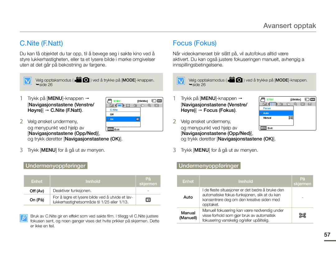 Samsung SMX-F70BP/EDC manual Focus Fokus, Høyre p C.Nite F.Natt, Velg ønsket undermeny Og menypunkt ved hjelp av 