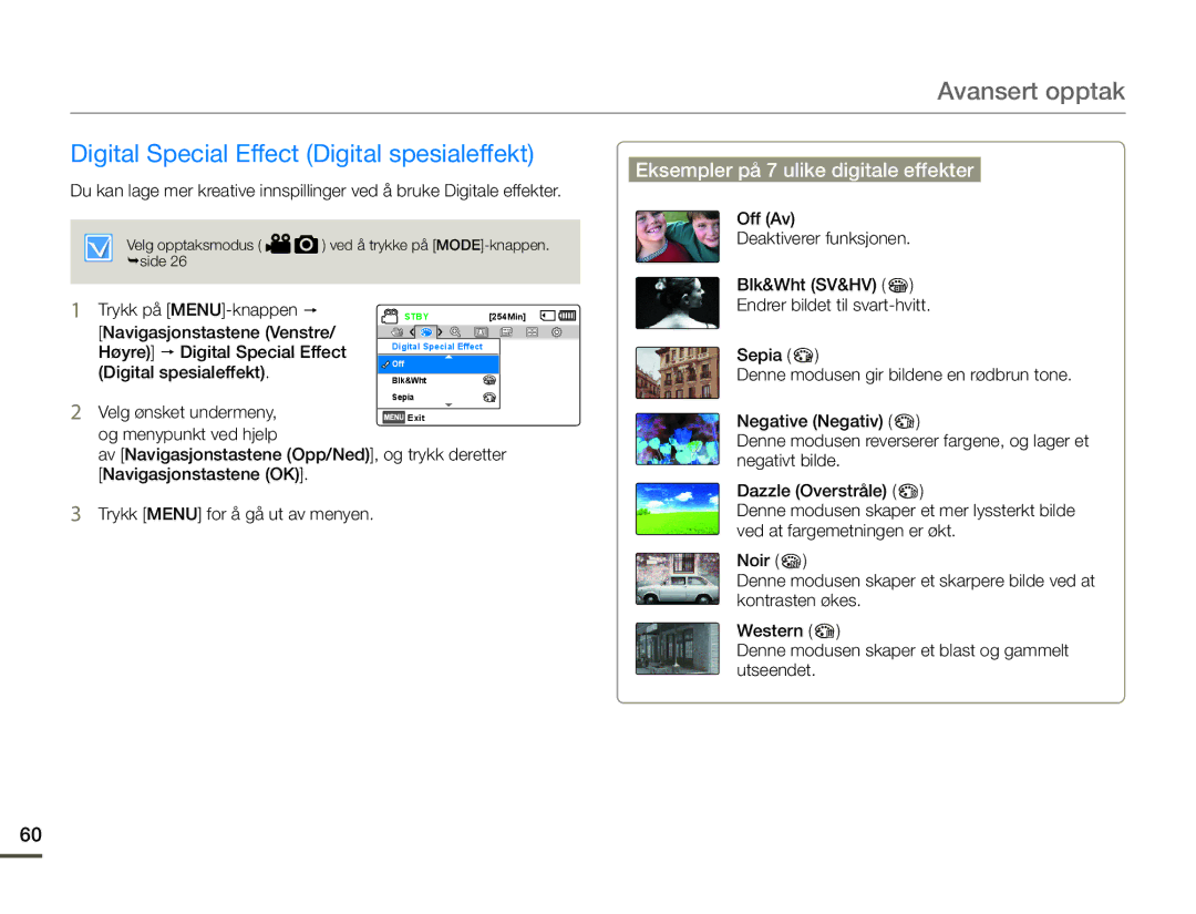 Samsung SMX-F70BP/EDC manual Digital Special Effect Digital spesialeffekt, Eksempler på 7 ulike digitale effekter 