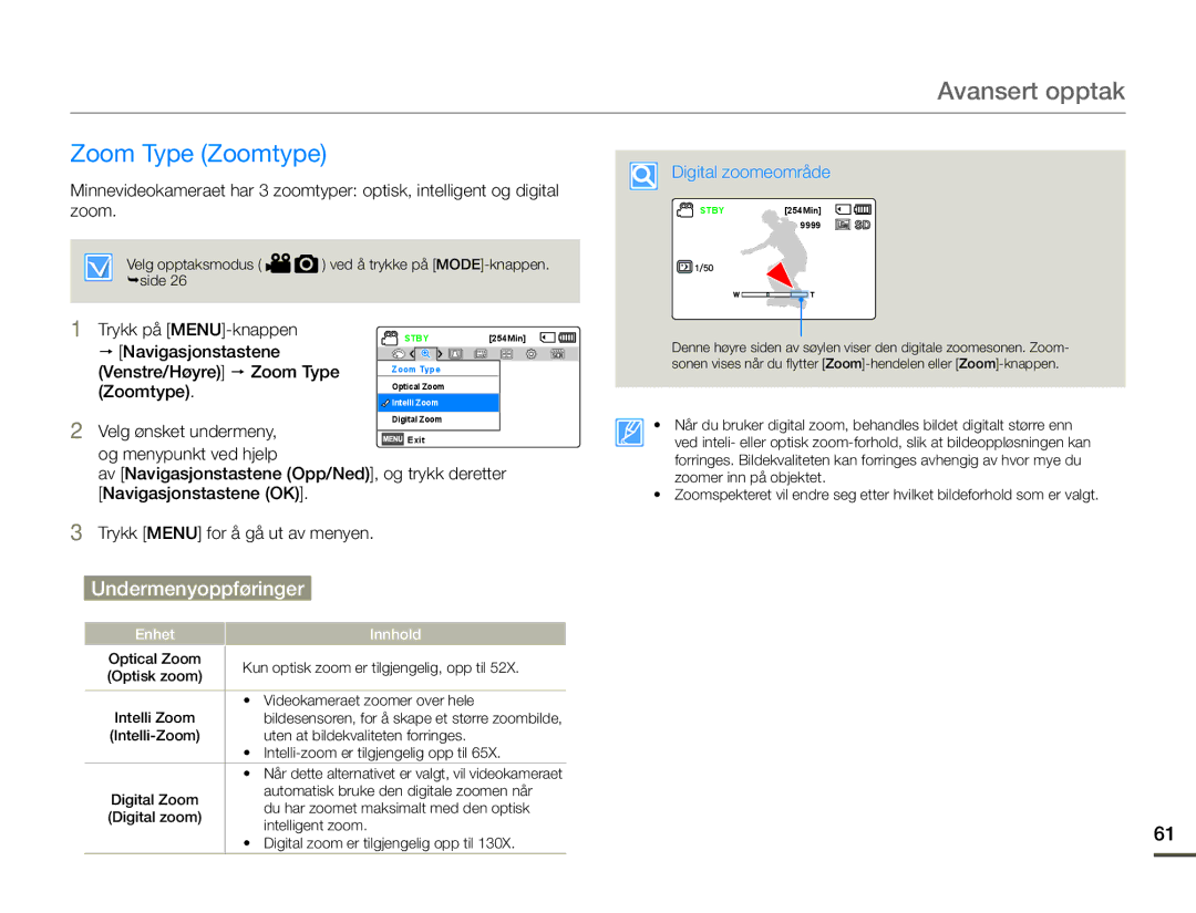 Samsung SMX-F70BP/EDC manual Zoom Type Zoomtype, Trykk på MENU-knappen, Navigasjonstastene Venstre/Høyre p Zoom Type 