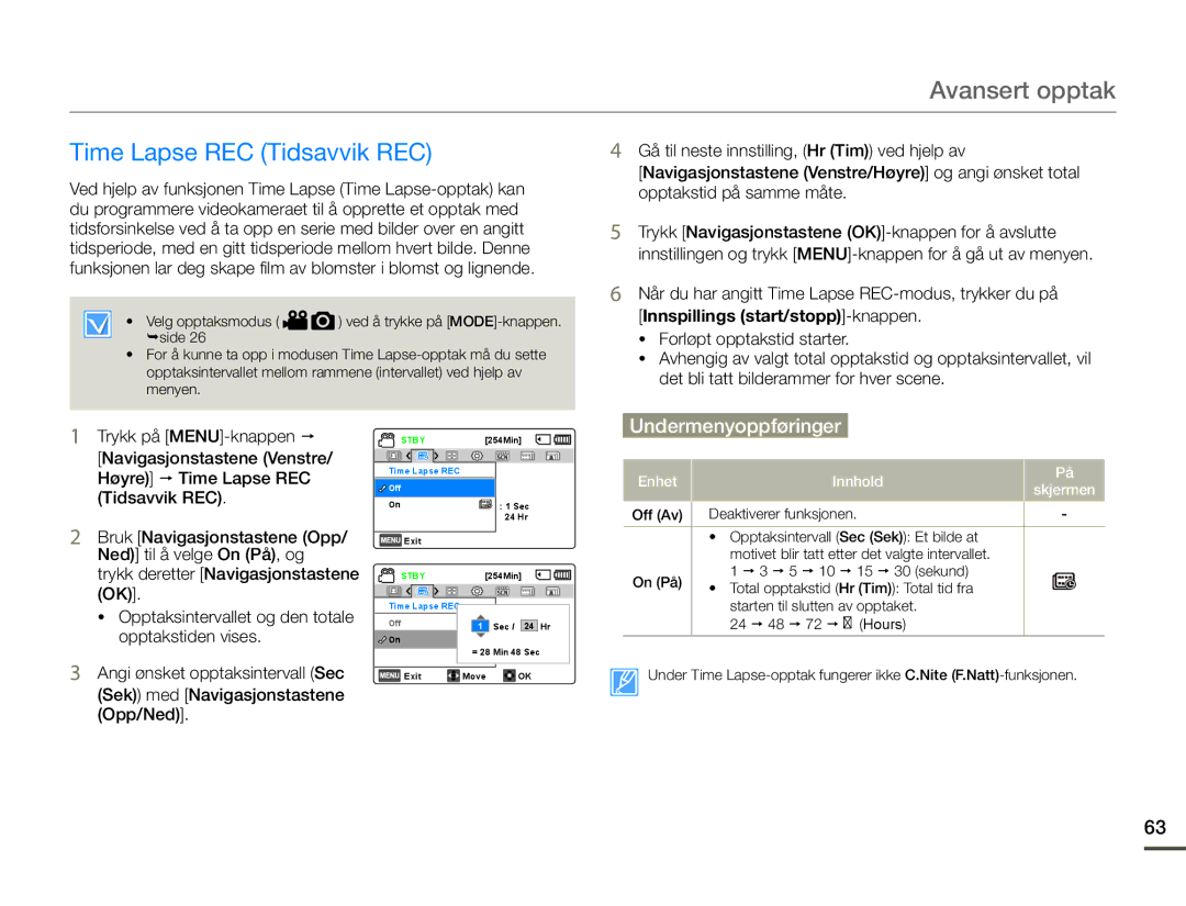 Samsung SMX-F70BP/EDC manual Time Lapse REC Tidsavvik REC, Sek med Navigasjonstastene Opp/Ned 