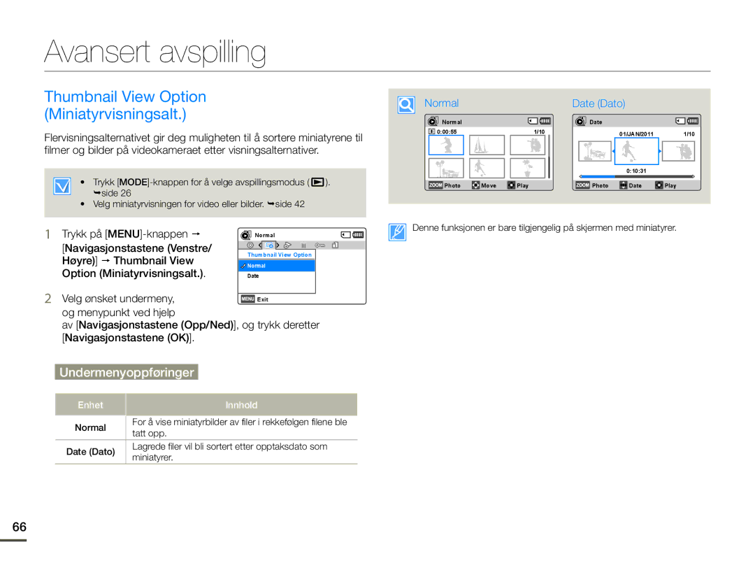 Samsung SMX-F70BP/EDC manual Avansert avspilling, Thumbnail View Option Miniatyrvisningsalt 