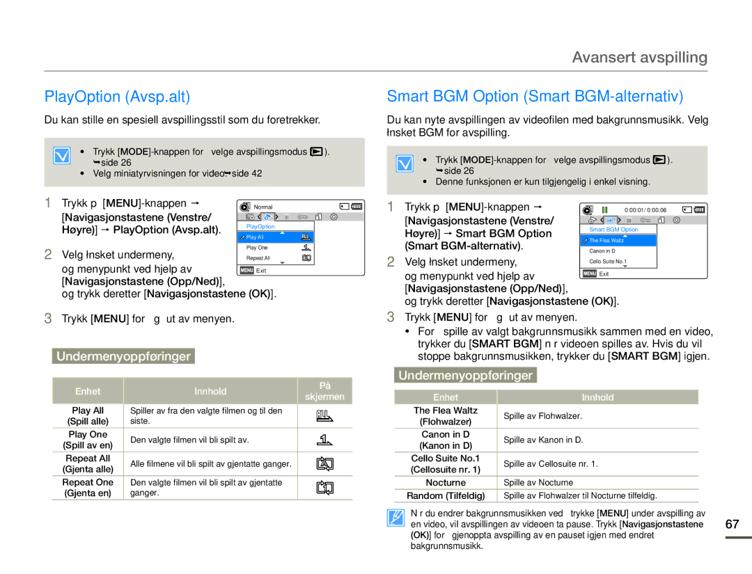 Samsung SMX-F70BP/EDC manual Avansert avspilling, PlayOption Avsp.alt, Smart BGM Option Smart BGM-alternativ 