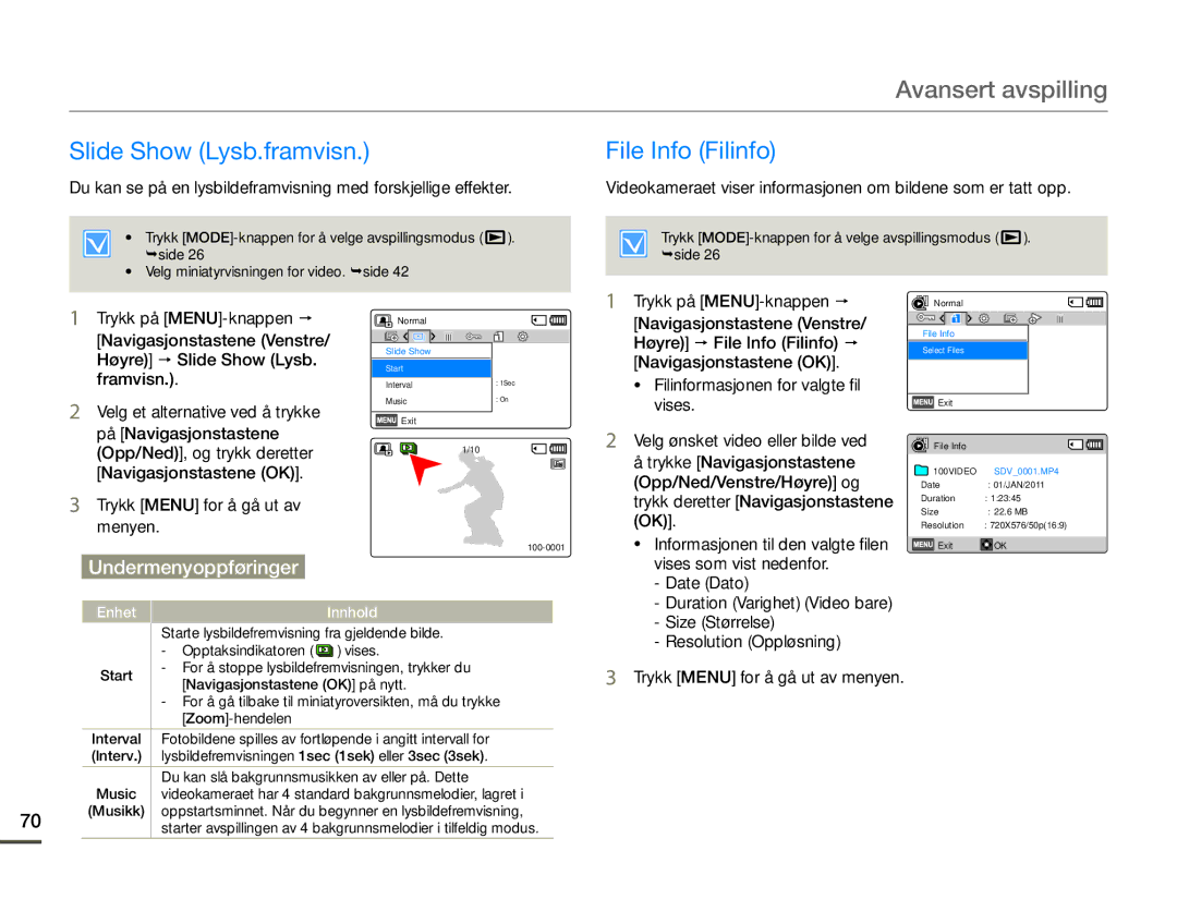 Samsung SMX-F70BP/EDC Slide Show Lysb.framvisn, File Info Filinfo, Vises som vist nedenfor, Date Dato, Size Størrelse 