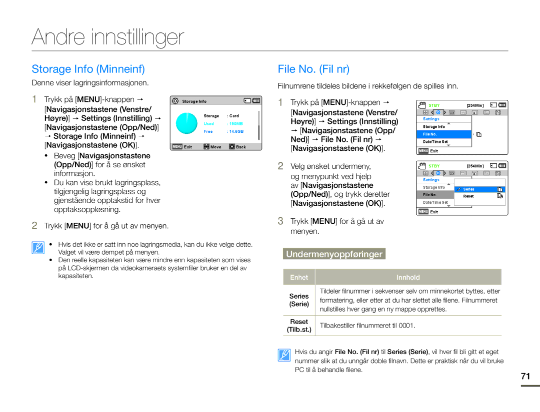 Samsung SMX-F70BP/EDC manual Andre innstillinger, Storage Info Minneinf File No. Fil nr 