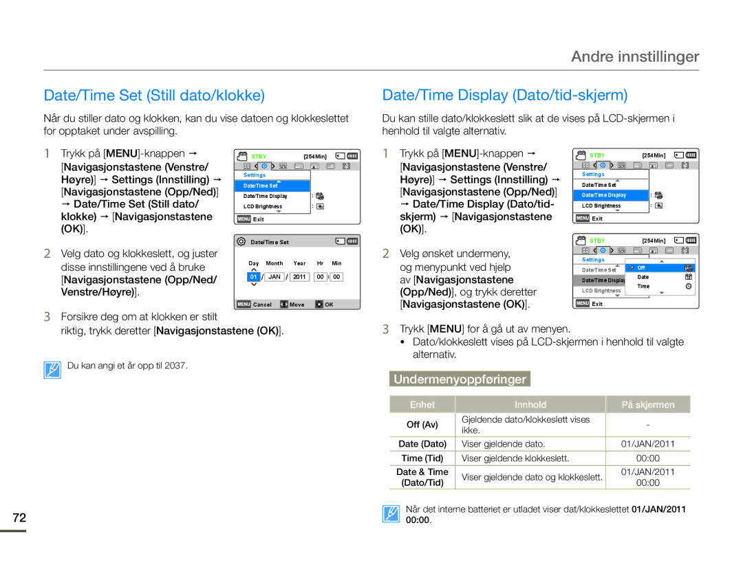 Samsung SMX-F70BP/EDC manual Andre innstillinger, Date/Time Set Still dato/klokke, Date/Time Display Dato/tid-skjerm 