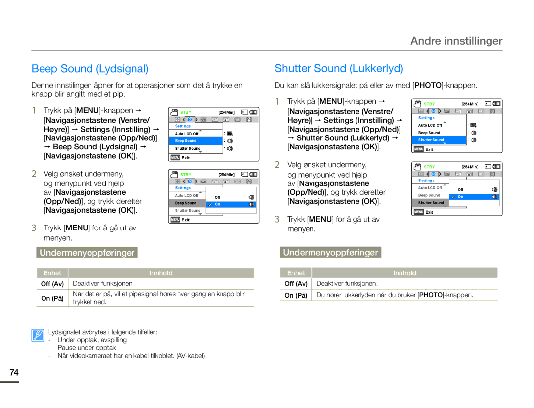 Samsung SMX-F70BP/EDC manual Beep Sound Lydsignal p, Shutter Sound Lukkerlyd p 
