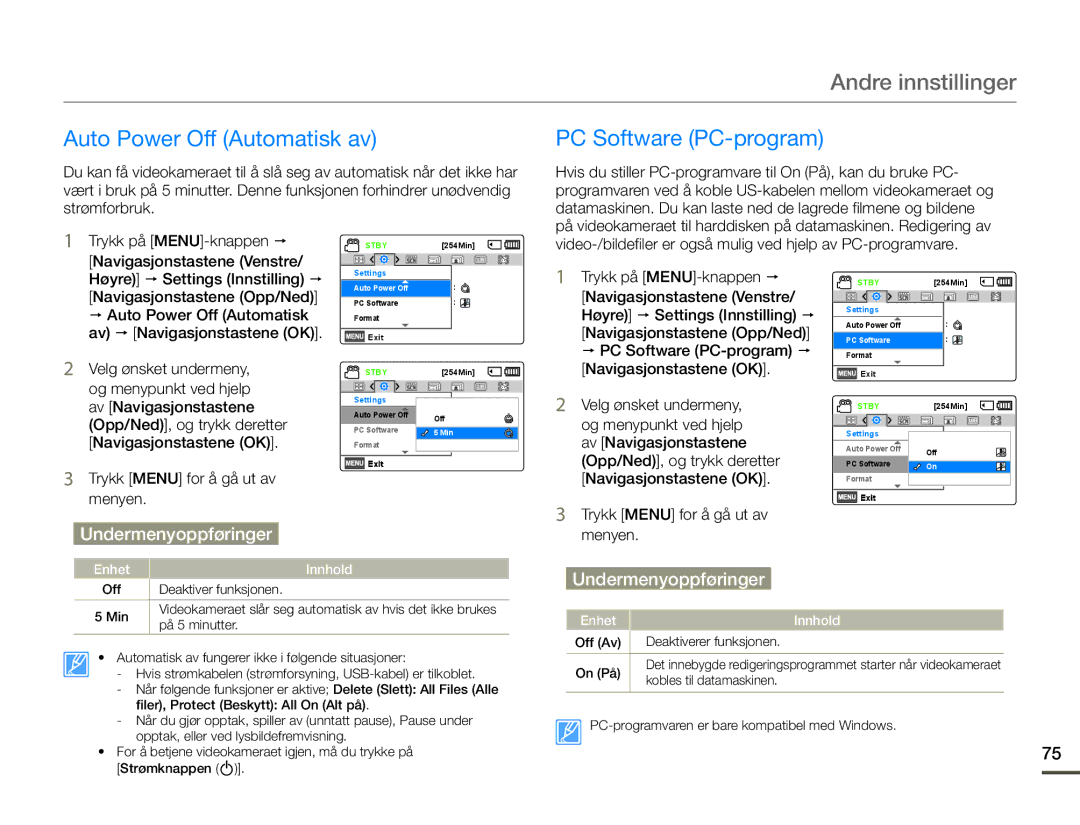 Samsung SMX-F70BP/EDC manual Auto Power Off Automatisk av PC Software PC-program 