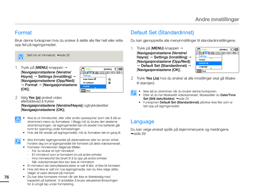 Samsung SMX-F70BP/EDC manual Format Default Set Standardinnst, Language 