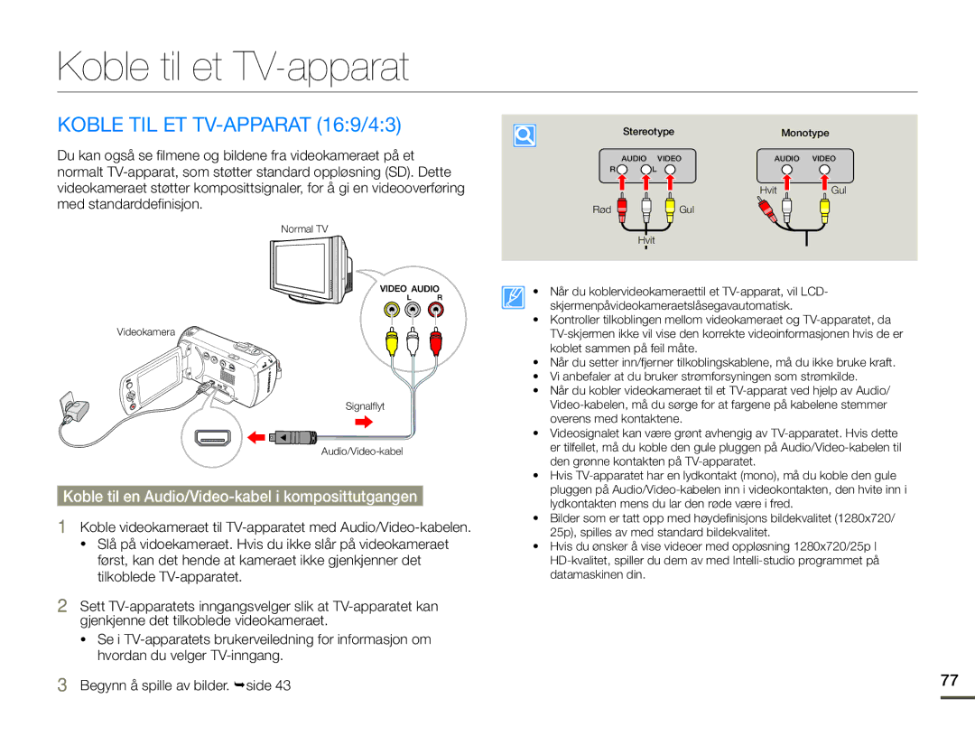 Samsung SMX-F70BP/EDC manual Koble til et TV-apparat, Koble TIL ET TV-APPARAT 169/43 