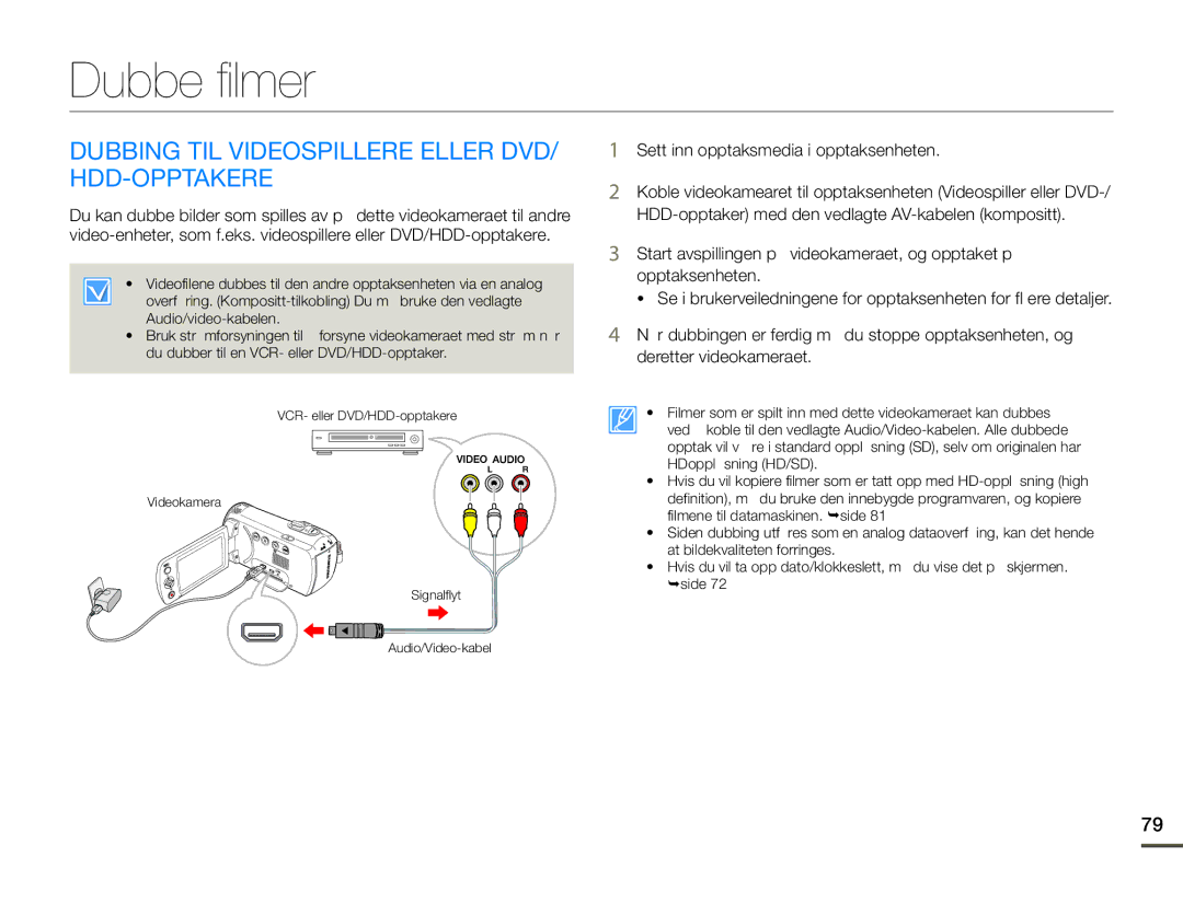 Samsung SMX-F70BP/EDC manual Dubbe filmer, Dubbing TIL Videospillere Eller DVD/ HDD-OPPTAKERE 