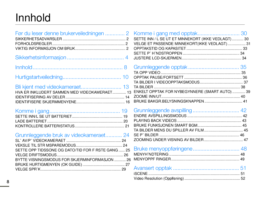 Samsung SMX-F70BP/EDC manual Innhold, Grunnleggende bruk av videokameraet 