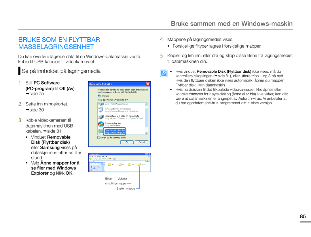 Samsung SMX-F70BP/EDC manual Bruke SOM EN Flyttbar Masselagringsenhet, Se på innholdet på lagringsmedia 