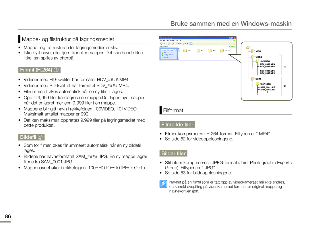 Samsung SMX-F70BP/EDC manual Filmfil H.264 ①, Bildefil ②, Filmbilde filer, Bilder filer 