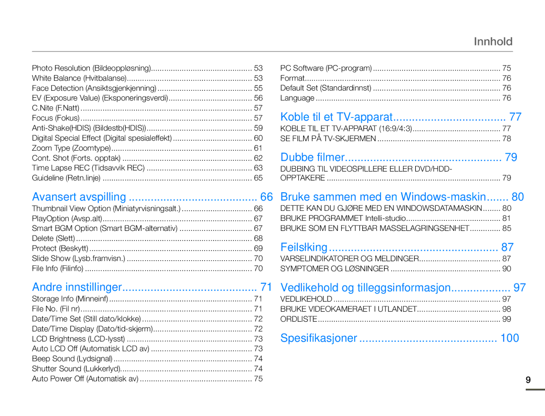 Samsung SMX-F70BP/EDC manual Innhold, 100 