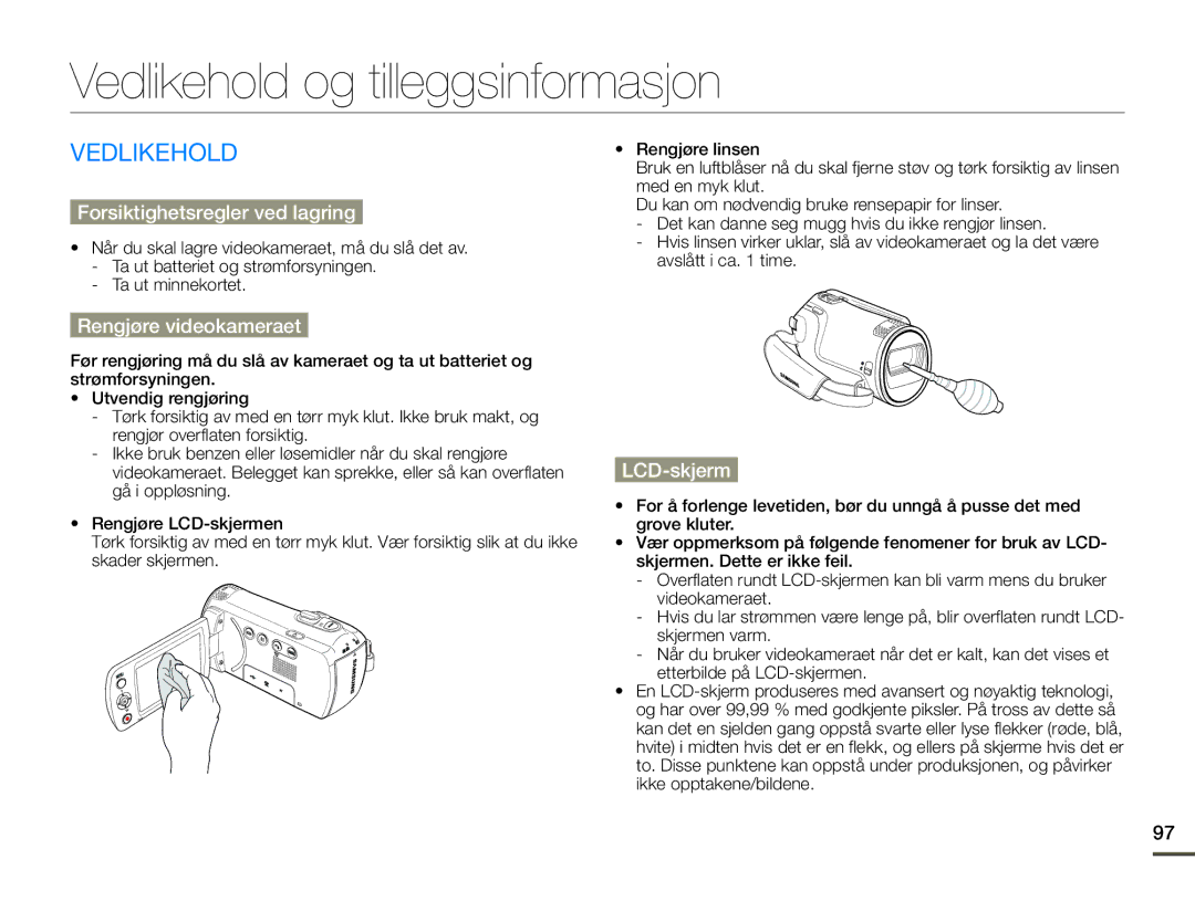 Samsung SMX-F70BP/EDC manual Vedlikehold og tilleggsinformasjon, Forsiktighetsregler ved lagring, Rengjøre videokameraet 