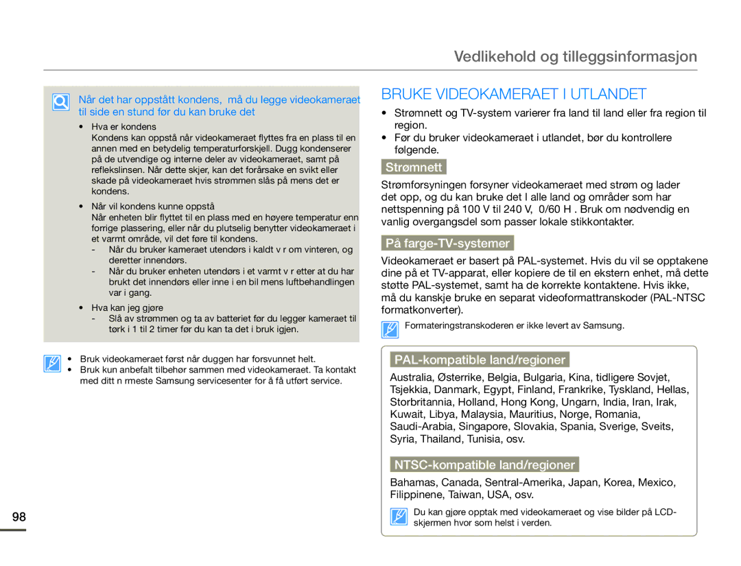 Samsung SMX-F70BP/EDC manual Vedlikehold og tilleggsinformasjon, Bruke Videokameraet I Utlandet 