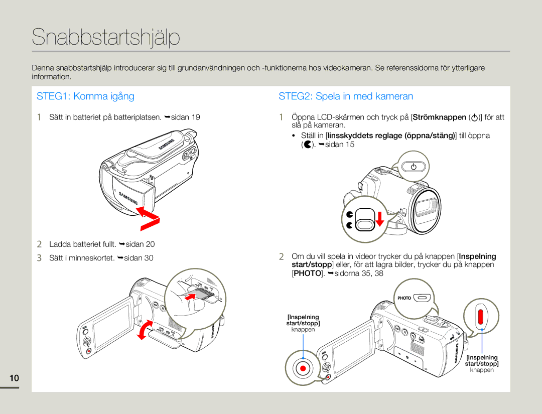 Samsung SMX-F70BP/EDC manual Snabbstartshjälp, STEG1 Komma igång 