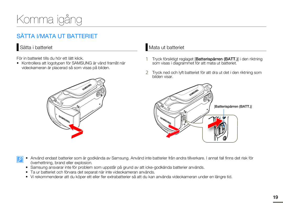 Samsung SMX-F70BP/EDC manual Komma igång, Sätta I/MATA UT Batteriet, Sätta i batteriet, Mata ut batteriet 