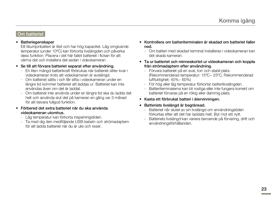 Samsung SMX-F70BP/EDC manual Om batteriet, Batteriegenskaper 