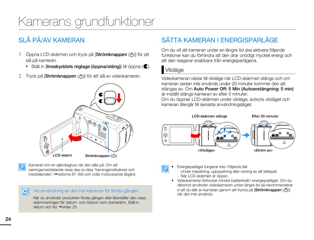 Samsung SMX-F70BP/EDC manual Kamerans grundfunktioner, SLÅ PÅ/AV Kameran, Sätta Kameran I Energisparläge, Viloläge 