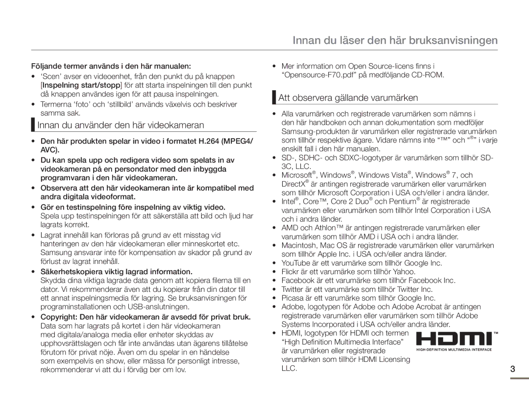 Samsung SMX-F70BP/EDC manual Innan du läser den här bruksanvisningen, Innan du använder den här videokameran 