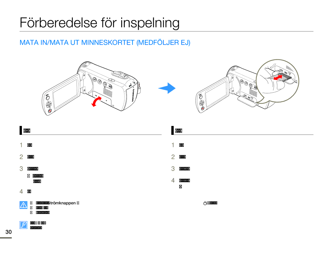 Samsung SMX-F70BP/EDC manual Förberedelse för inspelning, Mata IN/MATA UT Minneskortet Medföljer EJ, Sätta i ett minneskort 