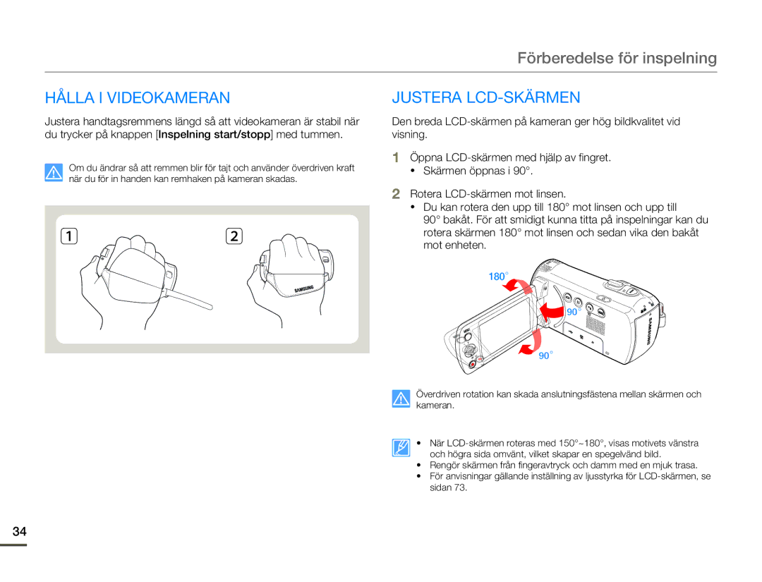 Samsung SMX-F70BP/EDC manual Hålla I Videokameran, Justera LCD-SKÄRMEN 