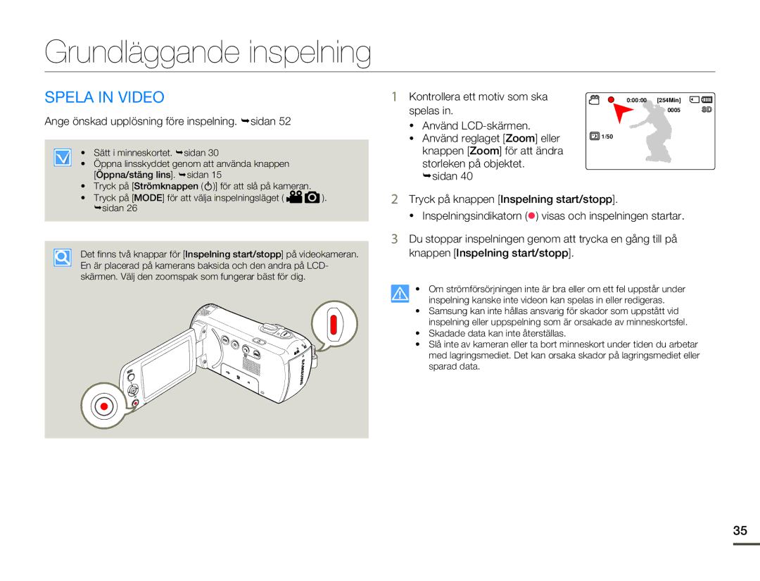 Samsung SMX-F70BP/EDC manual Grundläggande inspelning, Spela in Video, Ange önskad upplösning före inspelning. ¬sidan 