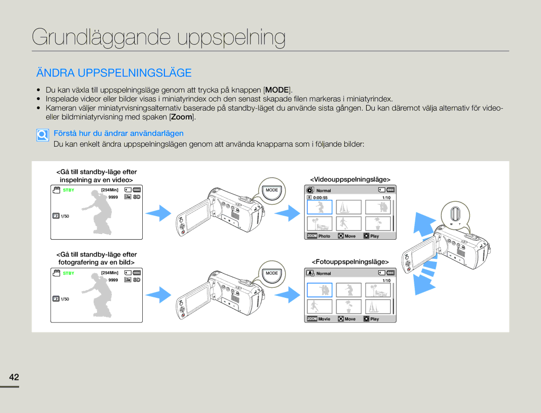 Samsung SMX-F70BP/EDC manual Grundläggande uppspelning, Ändra Uppspelningsläge, Förstå hur du ändrar användarlägen 