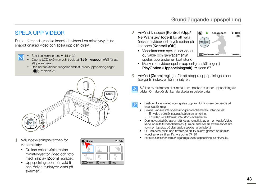 Samsung SMX-F70BP/EDC manual Grundläggande uppspelning, Spela UPP Videor, Välj indexvisningsskärmen för videominiatyr 