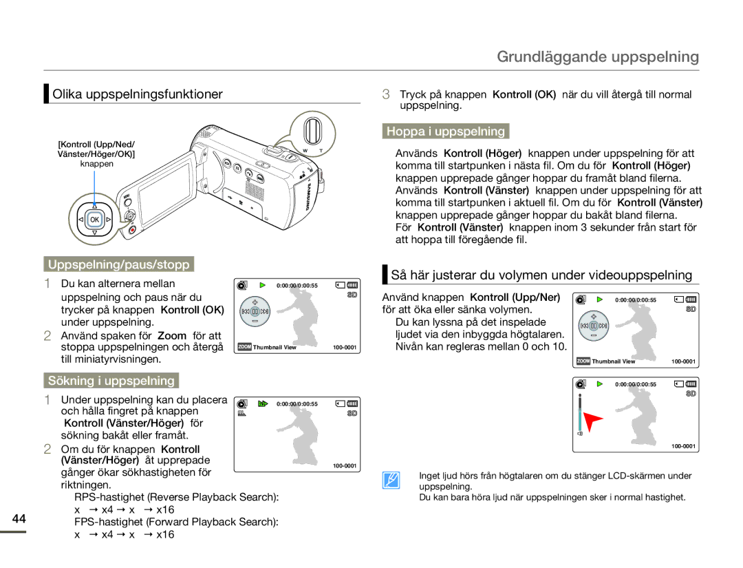 Samsung SMX-F70BP/EDC Olika uppspelningsfunktioner, Hoppa i uppspelning, Uppspelning/paus/stopp, Sökning i uppspelning 