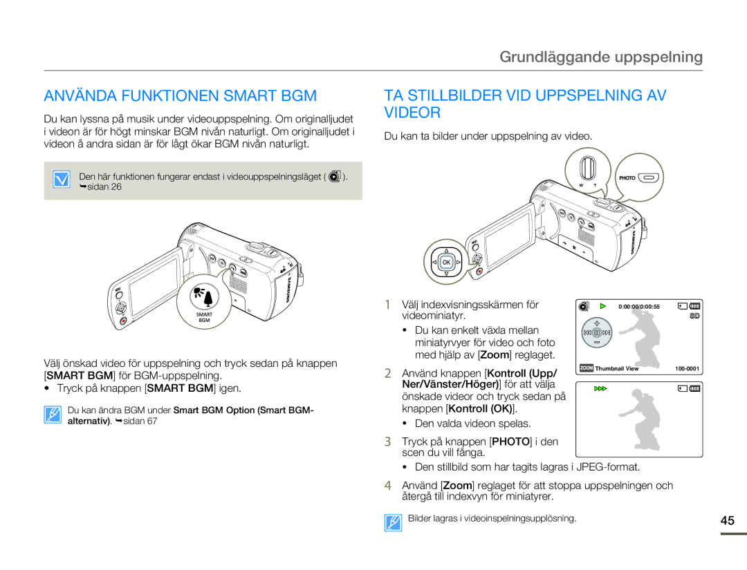 Samsung SMX-F70BP/EDC manual Använda Funktionen Smart BGM, TA Stillbilder VID Uppspelning AV Videor, Videominiatyr 