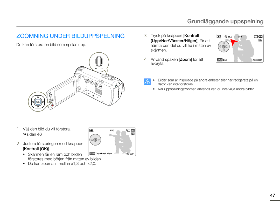 Samsung SMX-F70BP/EDC manual Zoomning Under Bilduppspelning, ¬sidan Justera förstoringen med knappen Kontroll OK 