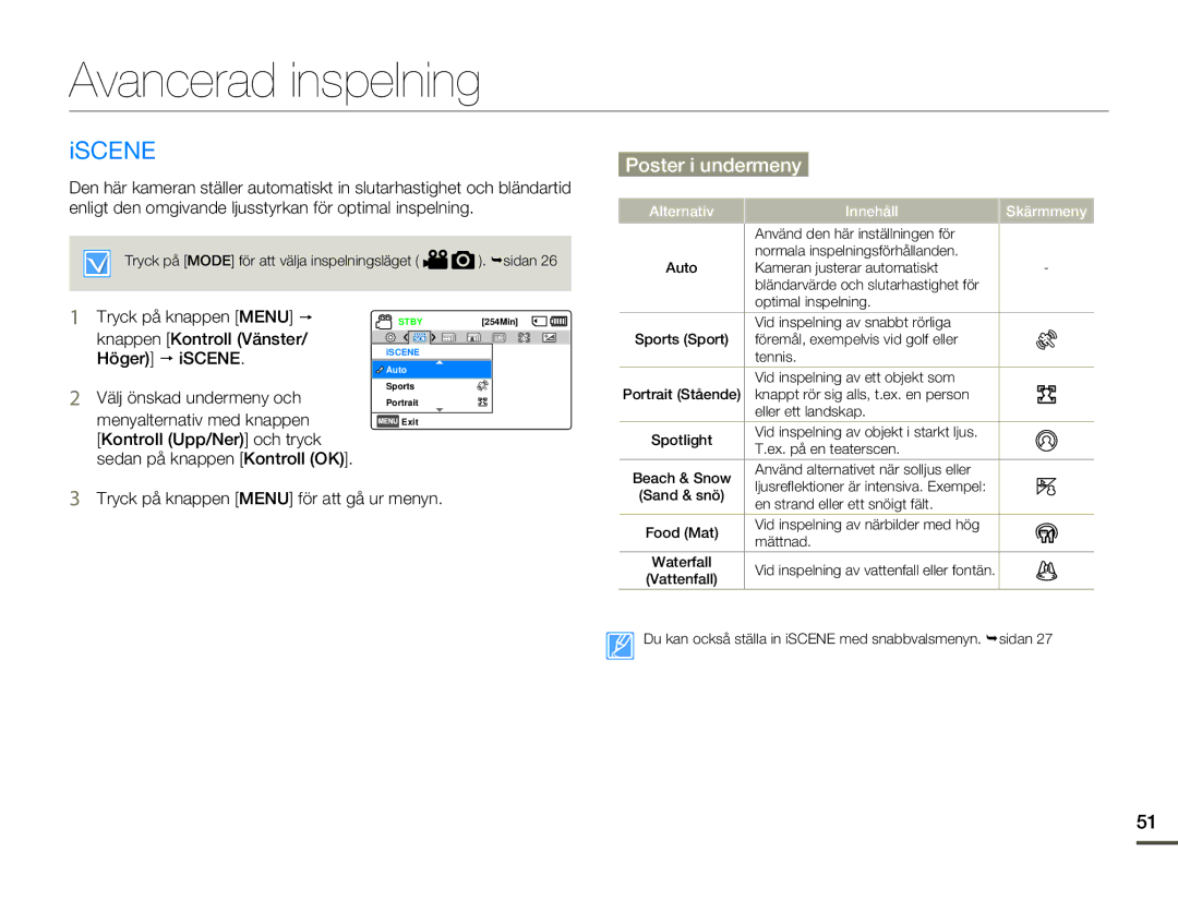 Samsung SMX-F70BP/EDC manual Avancerad inspelning, Iscene 