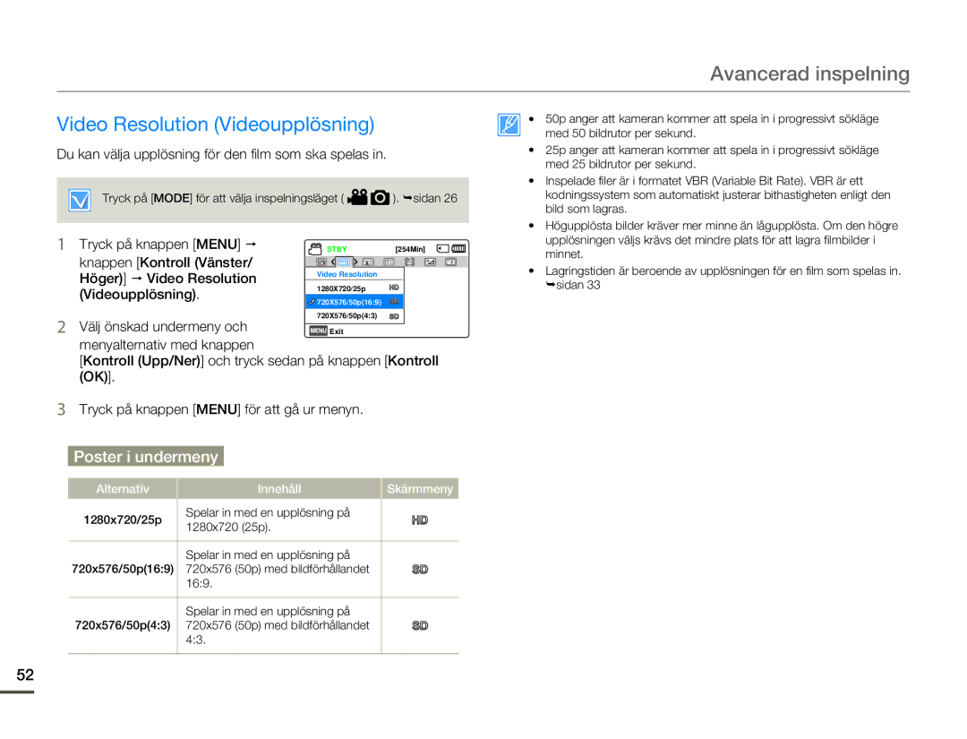 Samsung SMX-F70BP/EDC manual Avancerad inspelning, Video Resolution Videoupplösning 