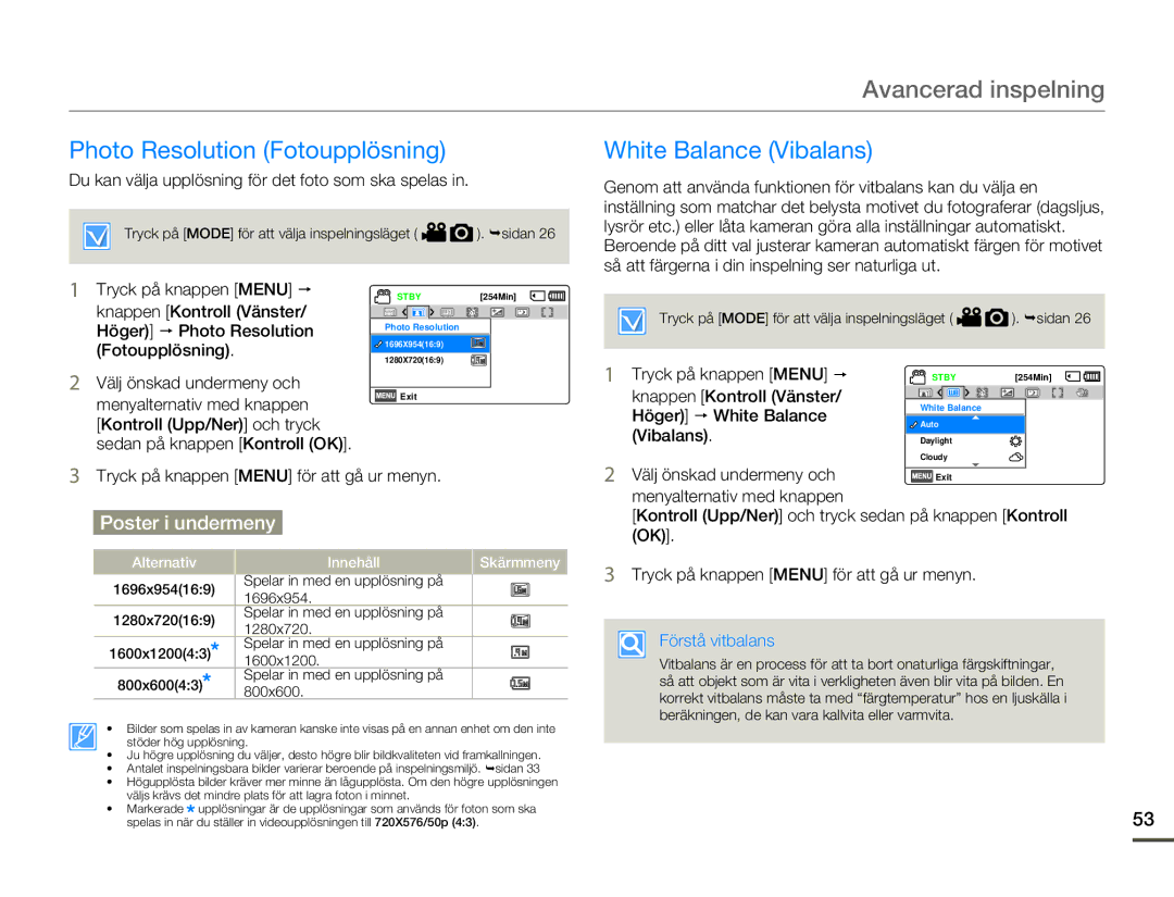 Samsung SMX-F70BP/EDC manual Photo Resolution Fotoupplösning, White Balance Vibalans, Förstå vitbalans 