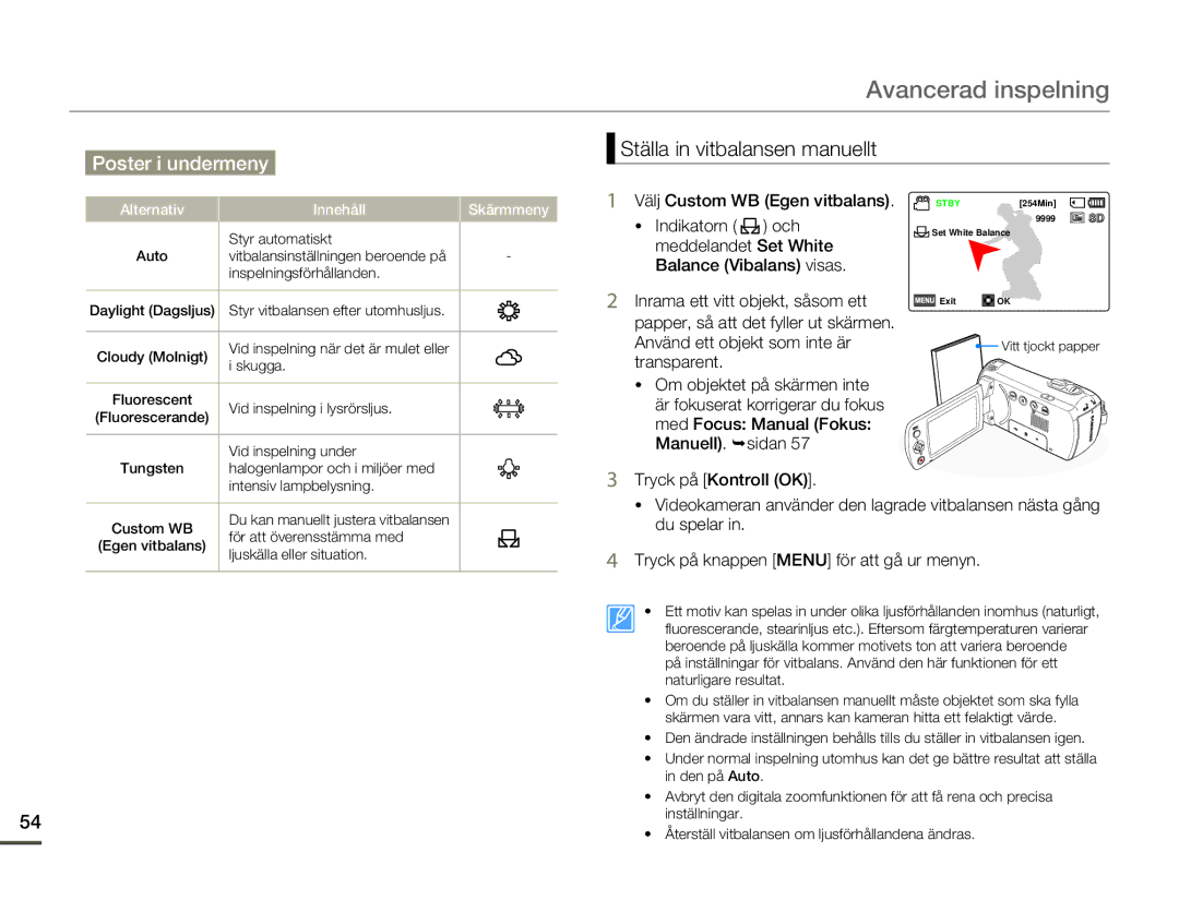 Samsung SMX-F70BP/EDC manual Ställa in vitbalansen manuellt 