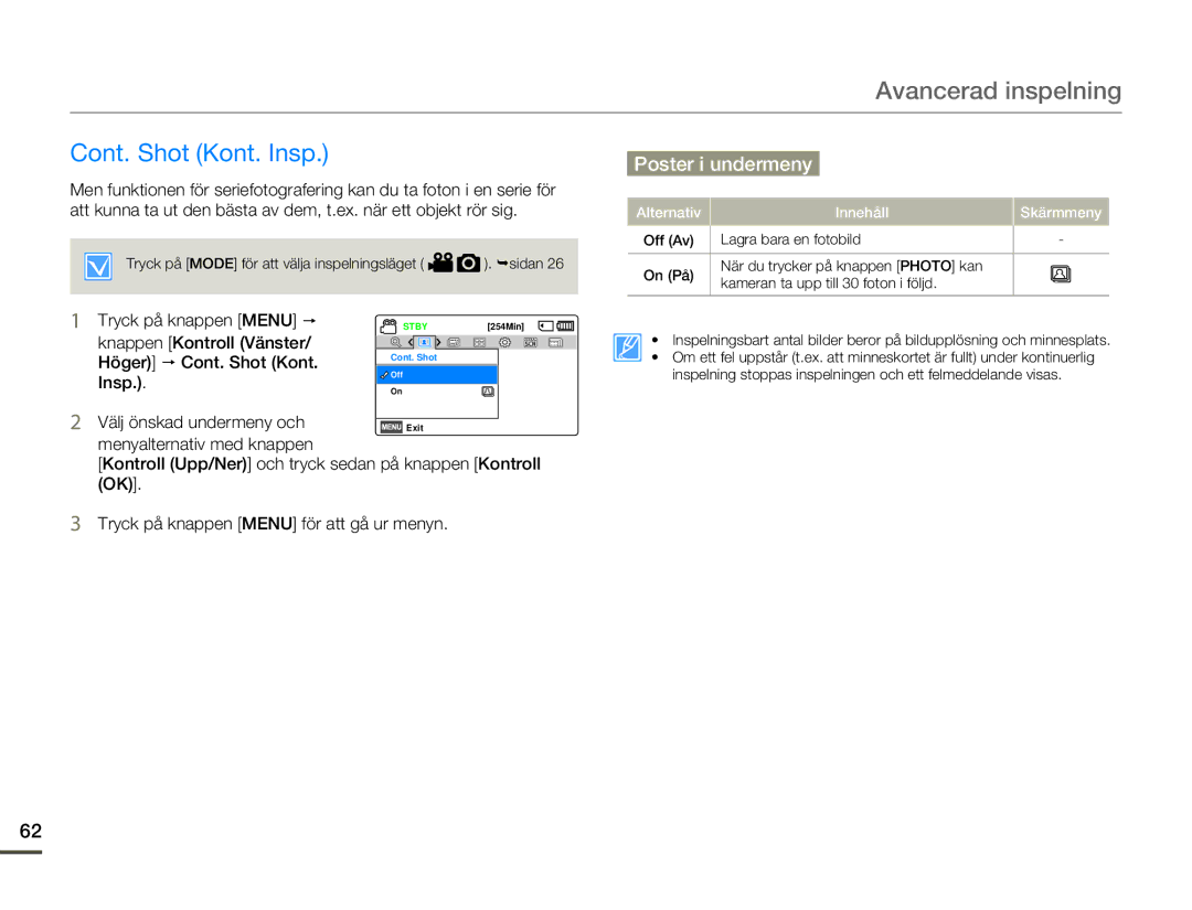 Samsung SMX-F70BP/EDC manual Cont. Shot Kont. Insp 