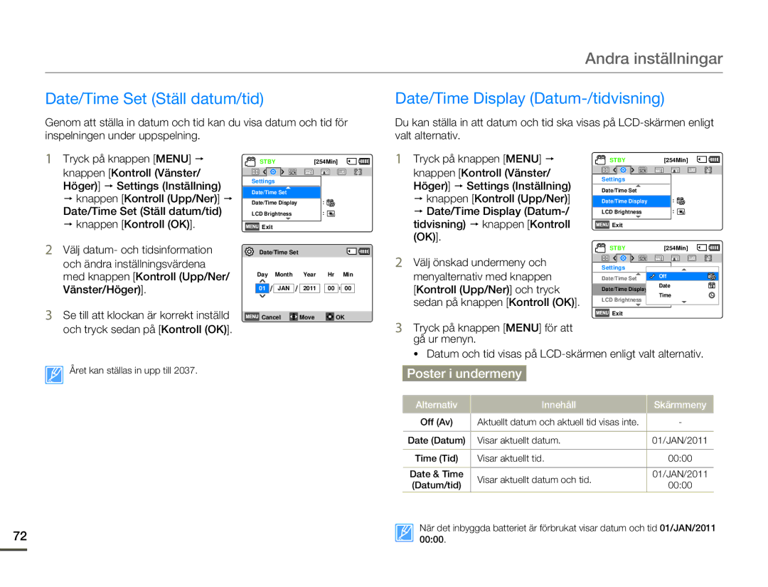 Samsung SMX-F70BP/EDC manual Andra inställningar, Date/Time Set Ställ datum/tid, Date/Time Display Datum-/tidvisning 