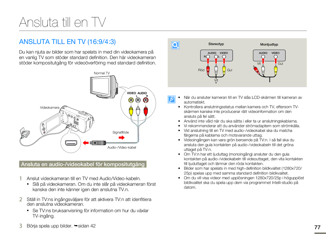 Samsung SMX-F70BP/EDC manual Ansluta till en TV, Ansluta Till EN TV 169/43, Ansluta en audio-/videokabel för kompositutgång 