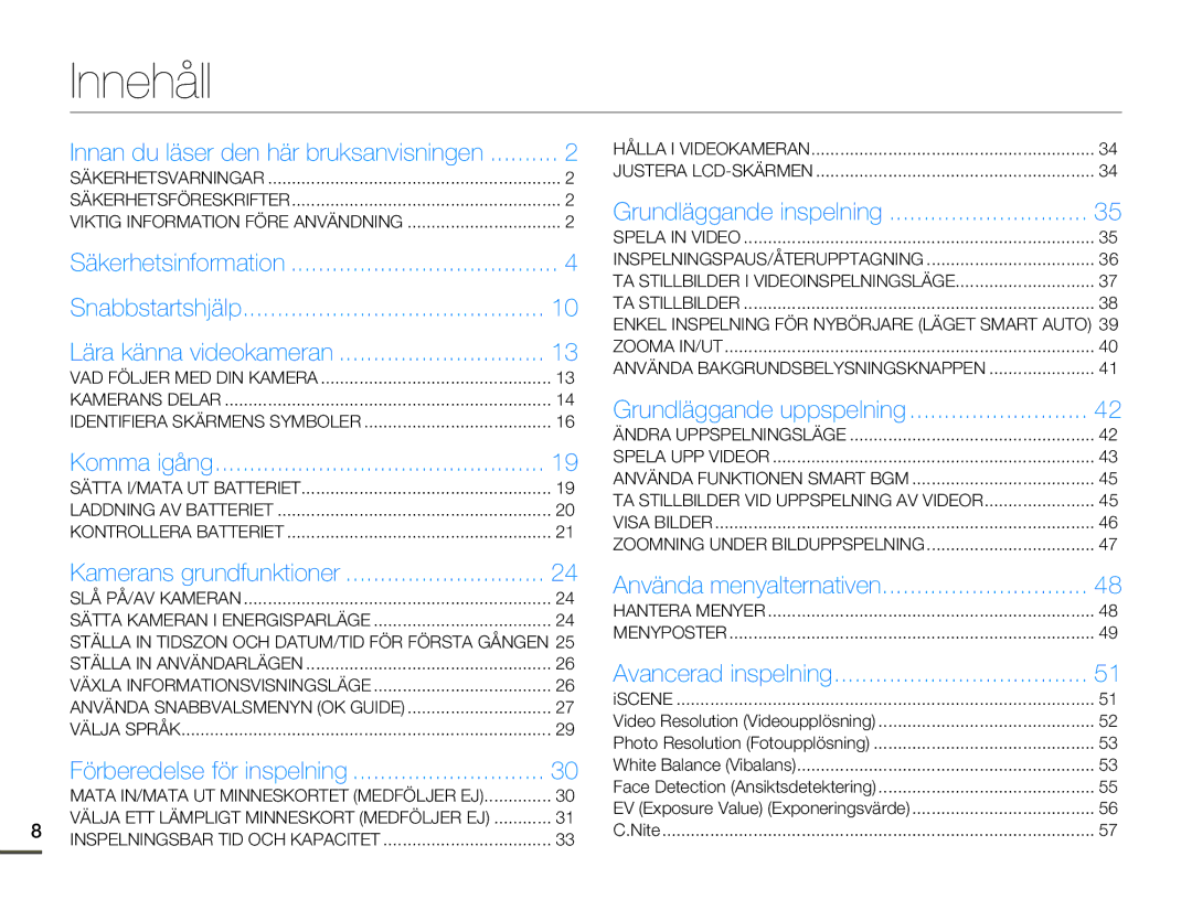 Samsung SMX-F70BP/EDC manual Innehåll, Innan du läser den här bruksanvisningen 