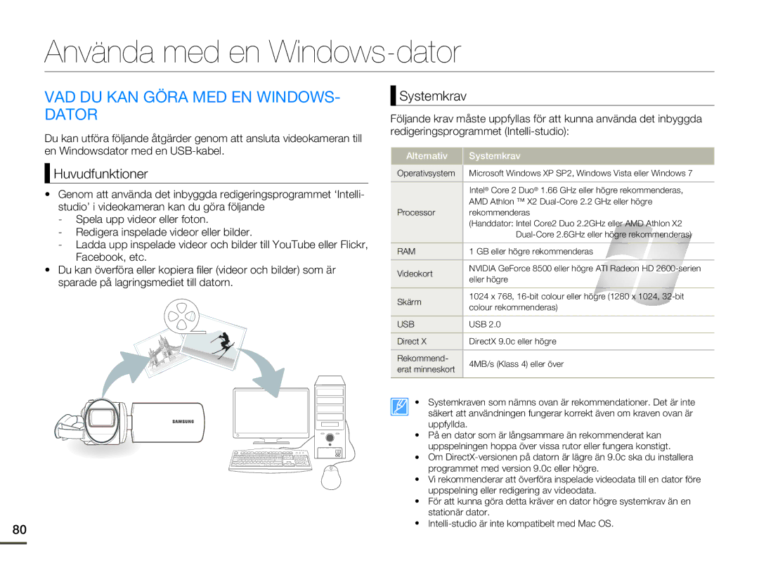 Samsung SMX-F70BP/EDC Använda med en Windows-dator, VAD DU KAN Göra MED EN WINDOWS- Dator, Huvudfunktioner, Systemkrav 