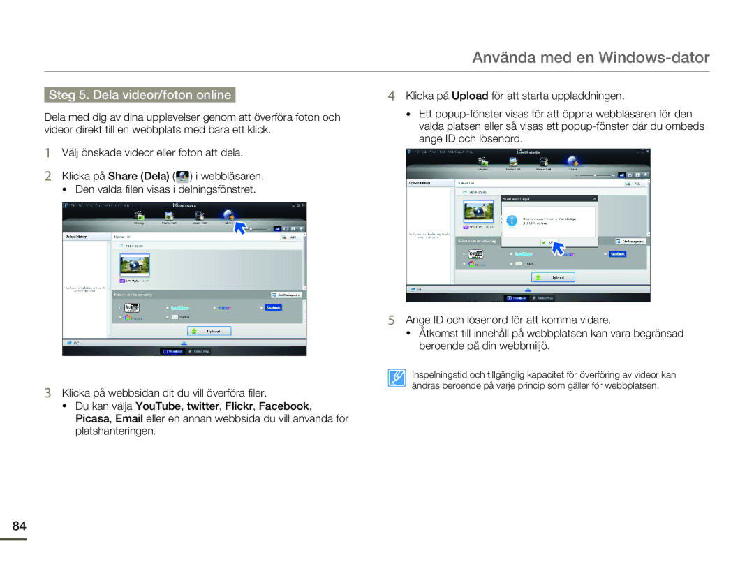 Samsung SMX-F70BP/EDC manual Steg 5. Dela videor/foton online 