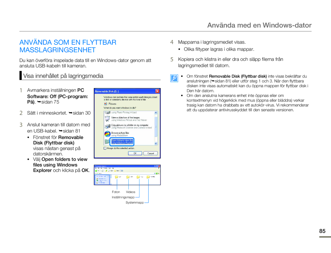 Samsung SMX-F70BP/EDC manual Använda SOM EN Flyttbar Masslagringsenhet, Visa innehållet på lagringsmedia 