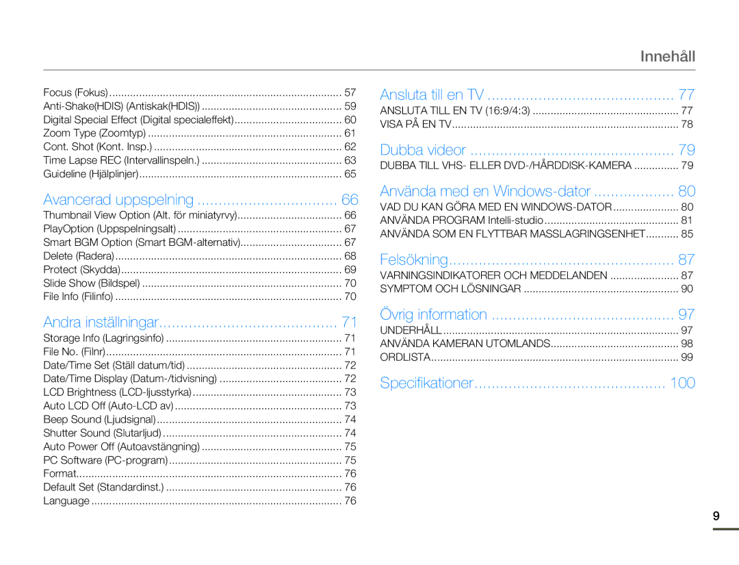 Samsung SMX-F70BP/EDC manual Innehåll, 100 