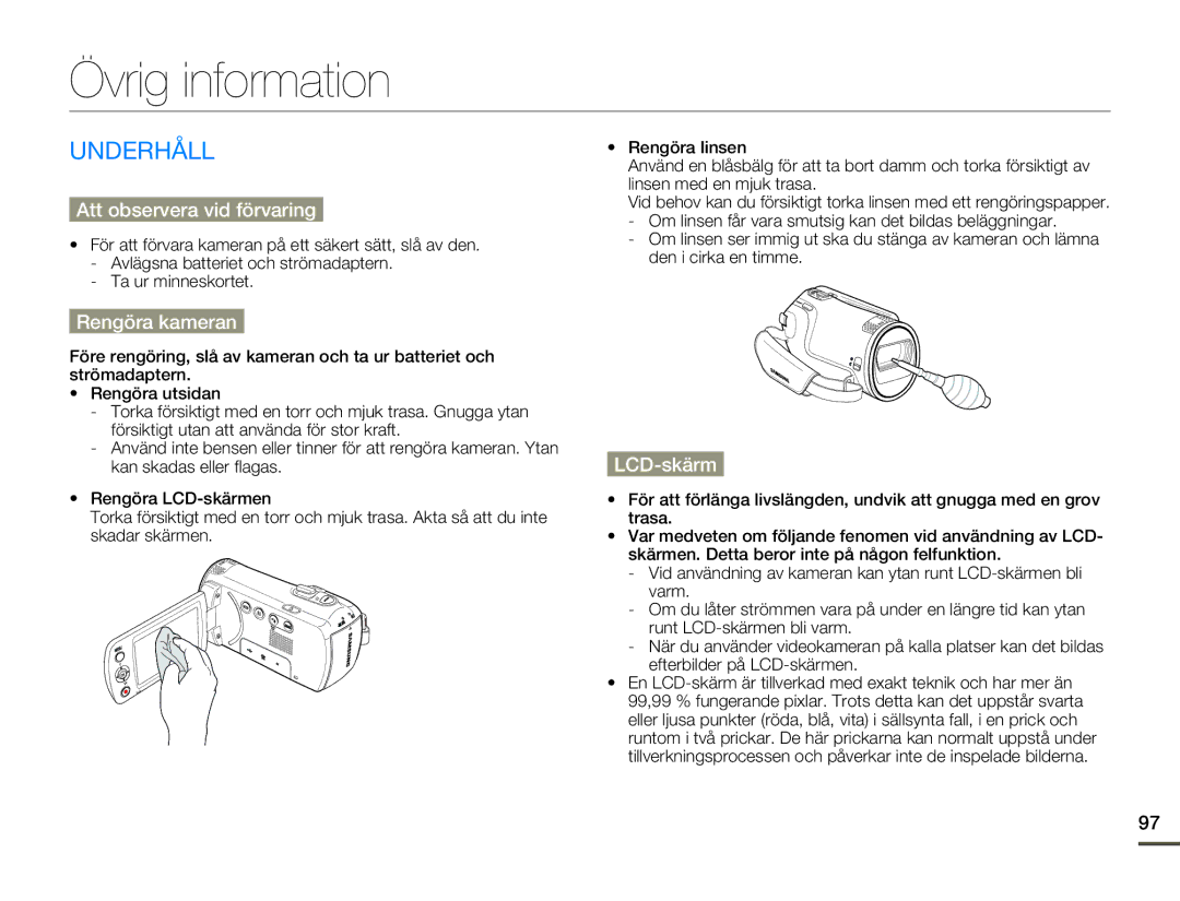 Samsung SMX-F70BP/EDC manual Övrig information, Underhåll, Att observera vid förvaring, Rengöra kameran, LCD-skärm 