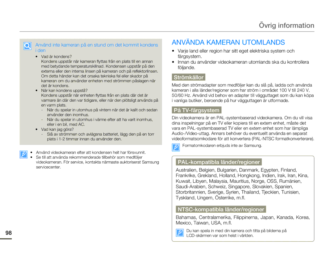 Samsung SMX-F70BP/EDC manual Övrig information, Använda Kameran Utomlands 