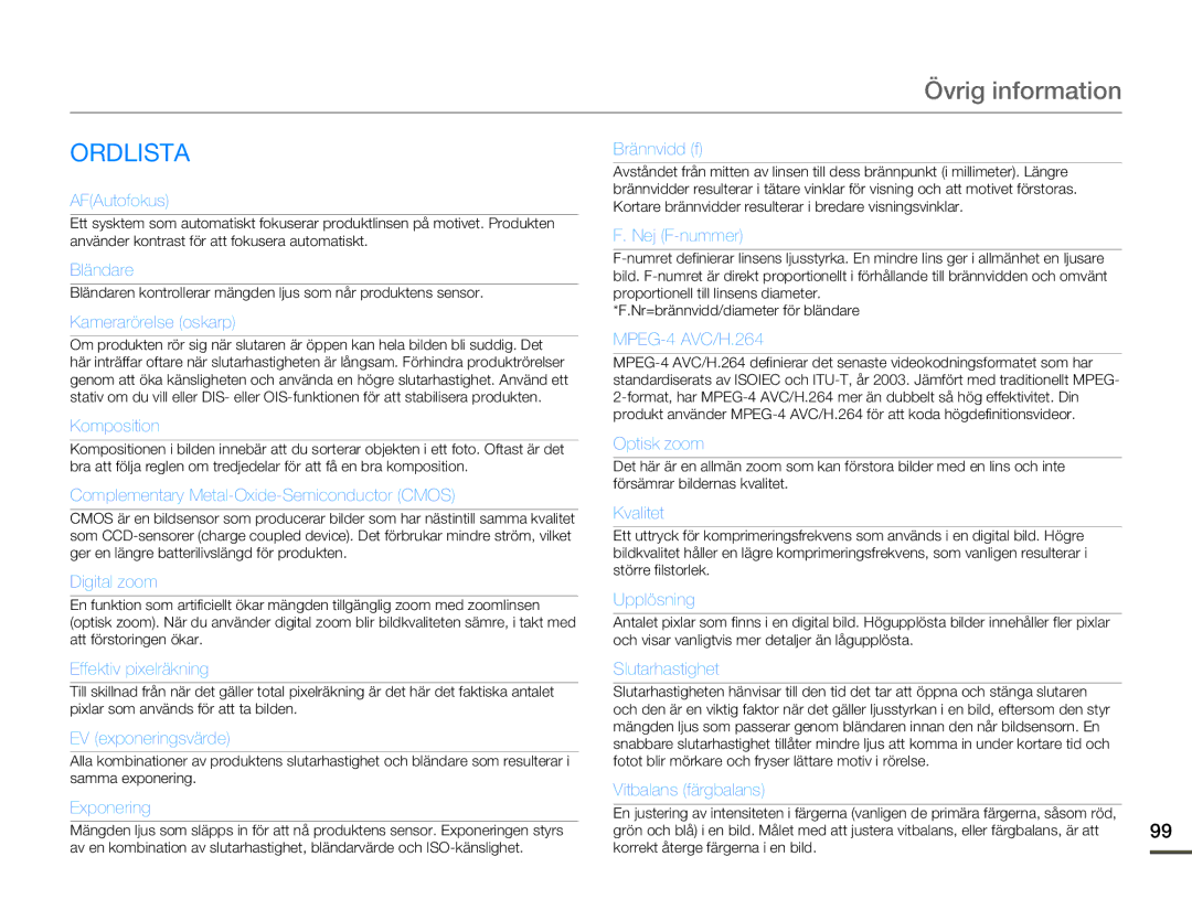 Samsung SMX-F70BP/EDC manual Ordlista, AFAutofokus 