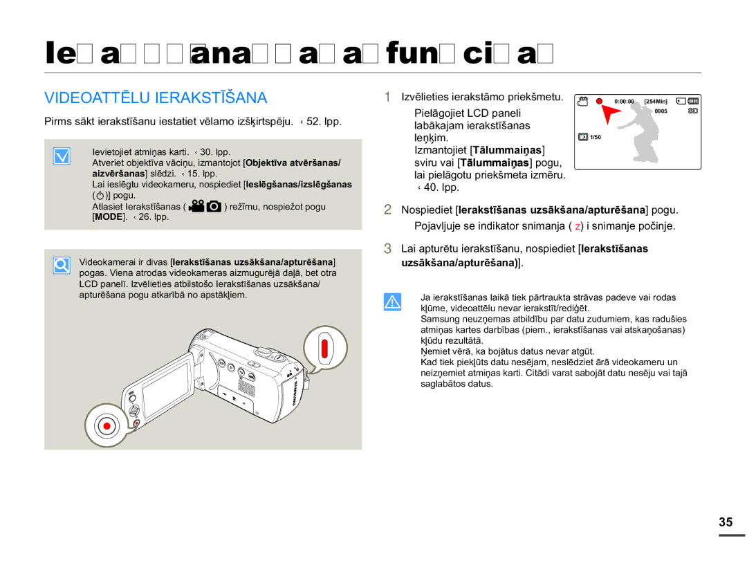 Samsung SMX-F70BP/EDC manual Ierakstīšanas pamatfunkcijas, $77Ɯ/8,5$.67Ʈâ$1$, 3LHOƗJRMLHW/&SDQHOL, Ohƽʒlp 