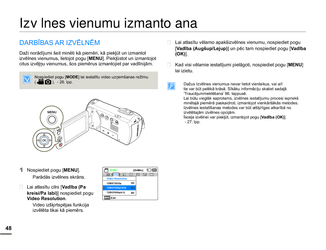 Samsung SMX-F70BP/EDC manual Izvēlnes vienumu izmantošana, $5%Ʈ%$6$5,=9Ɯ/1Ɯ0, OdlLlhwx,  1RVSLHGLHWSRJX018 